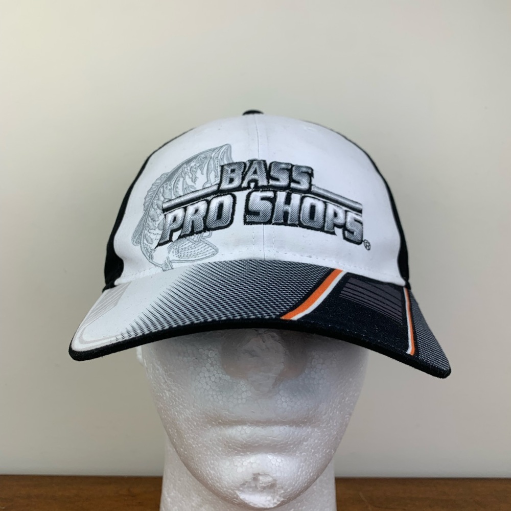Bass Pro Shops White Black Gray Adjustable Hook & Loop Fishing Baseball Hat Used